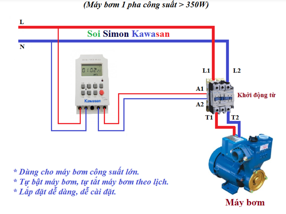 Máy bơm nước hẹn giờ 1 pha công suất lớn hơn 350W